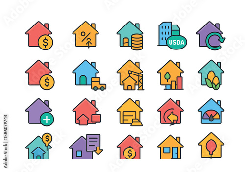 Mortgage types modern flat style. fixed rate, adjustable rate, interest only, reverse mortgage, jumbo loan, FHA loan, VA loan, conventional loan, balloon mortgage, home