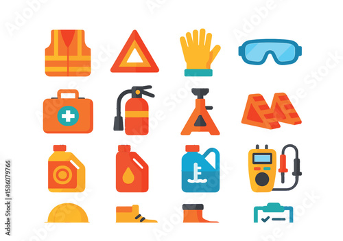 Safety and maintenance modern flat style. safety vest, warning triangle, gloves, goggles, first aid kit, fire extinguisher, jack stand, wheel chocks, brake fluid, engine