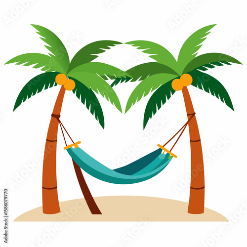 Two palm trees with a hammock between them isolated on white background