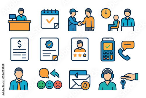 Customer service in repair shops modern flat style. reception desk, appointment book, mechanic handshake, customer waiting area, invoice, warranty card, feedback form