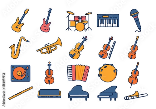 Concert musical instruments modern flat style. electric guitar, bass guitar, drum kit, keyboard, saxophone, trumpet, violin, microphone, DJ turntable, cello, accordion