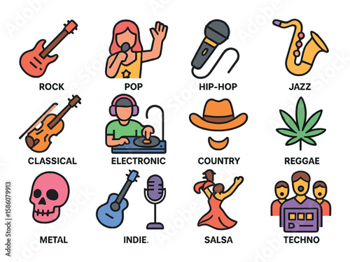 Concert music genres modern flat style. rock guitar, pop star, hip-hop mic, jazz saxophone, classical violin, electronic DJ, country hat, reggae leaf, metal skull, blues