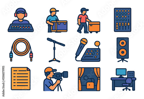 Concert crew and equipment modern flat style. sound engineer, stagehand, roadie, mixing console, cables, microphone stand, lighting control, speaker tower, setlist