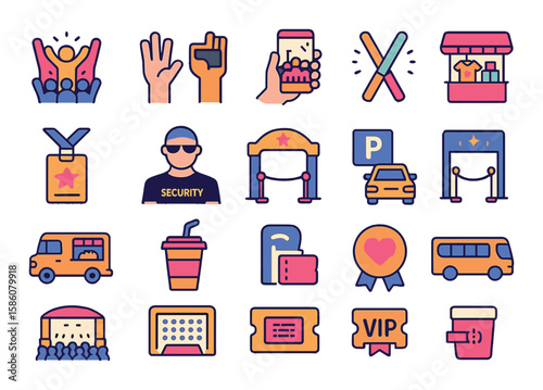 Concert audience and experience modern flat style. cheering crowd, raised hands, mobile phone recording, light sticks, backstage pass, security staff, entrance gate
