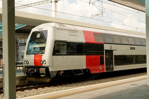 Red train. Train cabin. Fast train.