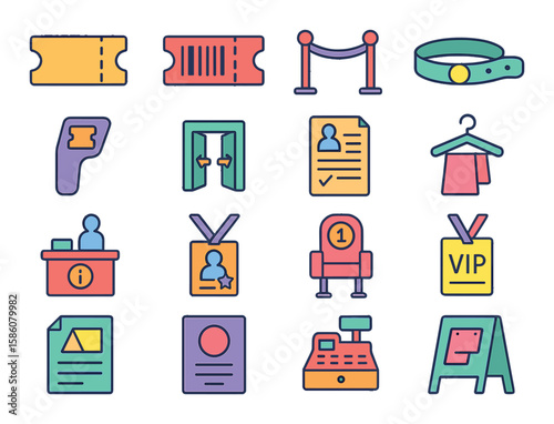 Show tickets and admission modern flat style. ticket stub, barcode, queue line, wristband, ticket scanner, entrance gate, guest list, cloakroom, info desk, security badge