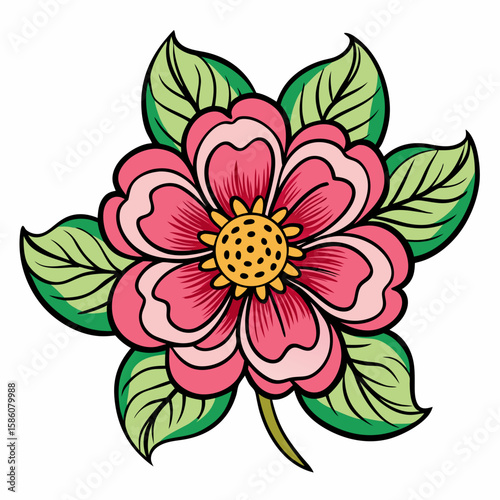 Vibrant pink flower with green leaves isolated on white background