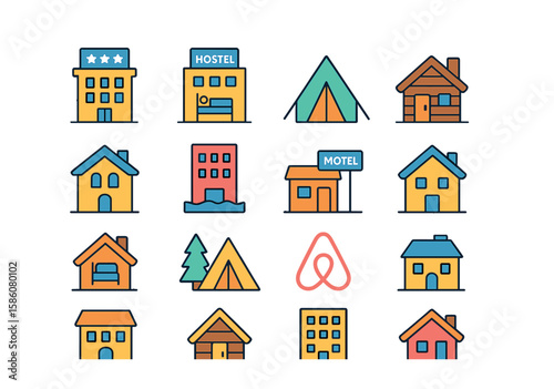Travel accommodation modern flat style. hotel, hostel, tent, cabin, villa, resort, motel, guesthouse, bed and breakfast, campsite, Airbnb, cruise cabin, inn, lodge