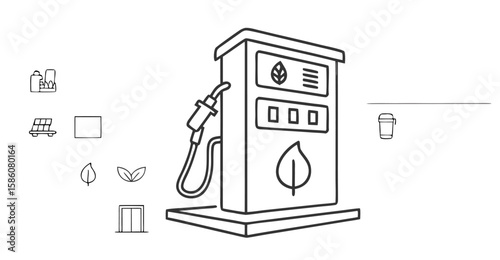 Vector  illustration of a biofuel gas station with leaf symbol, solar panel, and factory in a line art style
