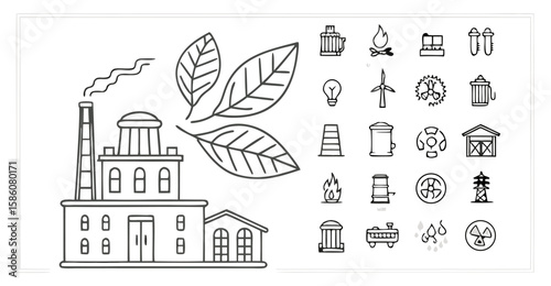 Vector  illustration of a factory with smoke stack and leaves, alongside various environmental icons in black and white