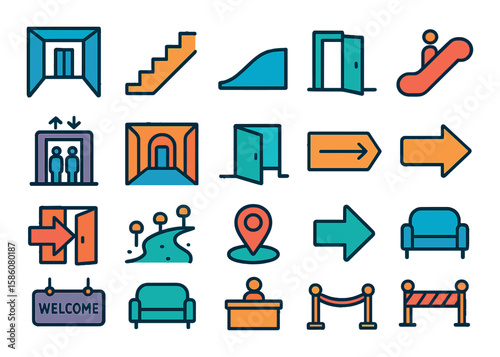 Entry pathways and navigation modern flat style. hallway, stairs, ramp, escalator, elevator, corridor, door frame, entrance sign, exit arrow, pathway lights, map pin