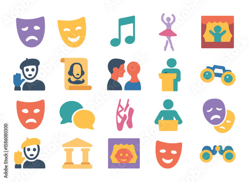 Theatre genres and themes modern flat style. tragedy mask, comedy mask, musical note, ballet dancer, mime, Shakespeare scroll, modern play, puppet show, opera glasses