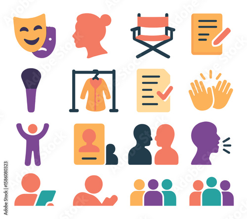 Theatre actors and roles modern flat style. actor mask, actress silhouette, director’s chair, script book, makeup brush, costume rack, rehearsal notes, applause hands