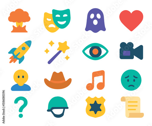 Movie genres modern flat style. action explosion, comedy mask, horror ghost, romance heart, sci-fi spaceship, fantasy wand, thriller eye, documentary camera, animation