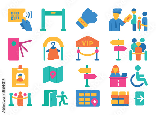 Event entry and access modern flat style. ticket scan, entrance gate, wristband, security check, turnstile, cloakroom, VIP entrance, waiting line, staff badge, event map