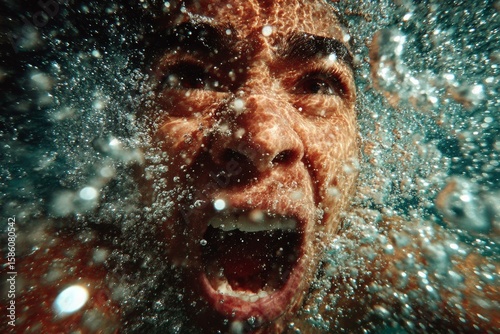 Man Submerged Underwater Gasping for Air with Bubbles Surrounding Face