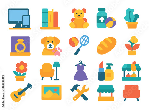 Specialty shopping modern flat style. electronics store, bookshop, toy store, pharmacy, jewelry shop, pet store, sports shop, bakery, florist, furniture store, clothing