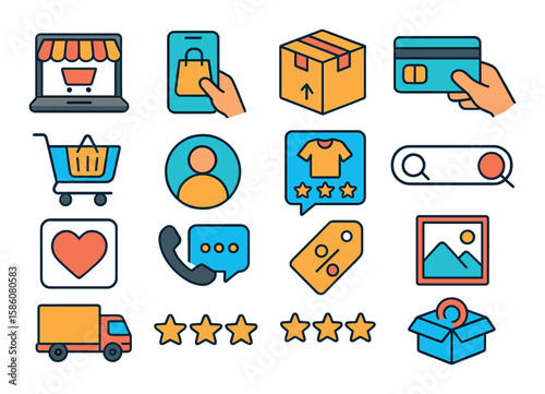 Online shopping modern flat style. laptop, smartphone, delivery box, credit card payment, shopping cart icon, user account, product review, search bar, wishlist, chat