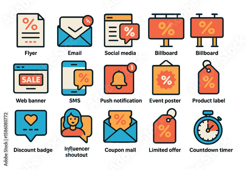 Marketing and promotion for discounts modern flat style. flyer, email campaign, social media post, billboard ad, website banner, SMS alert, push notification, event