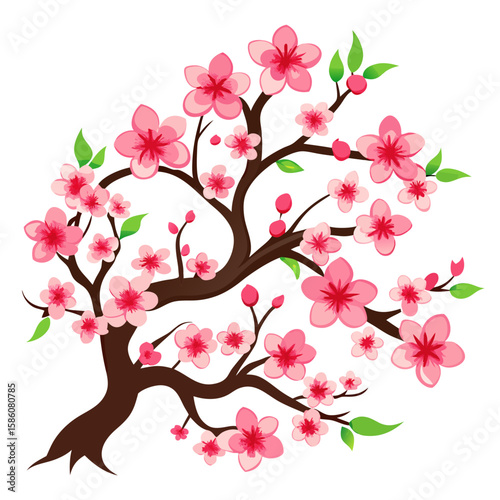 Vibrant pink cherry blossom tree with green leaves isolated on white background