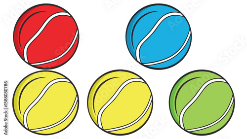Five colorful cartoon tennis balls arranged in a pattern on a white background
