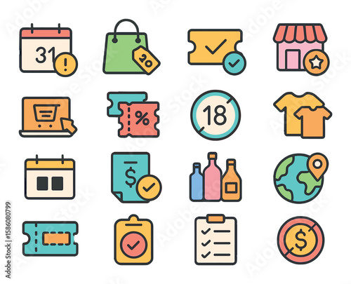 Discount restrictions and terms modern flat style. expiration date, minimum purchase, one-time use, store exclusivity, online only, non-combinable, age limit, product