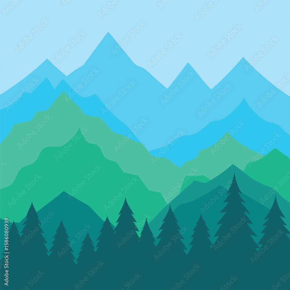 Fototapeta premium Vector art of a blue and green mountain range with a dense forest of trees