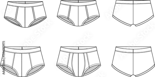 Men's underwear vector set, briefs and boxers, fashion design template, garment pattern, sewing illustration, apparel sketch, textile layout