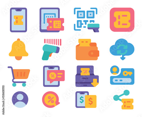 Digital coupon tools modern flat style. smartphone, tablet, QR scanner, app icon, notification bell, barcode reader, wallet app, cloud sync, online cart, push message