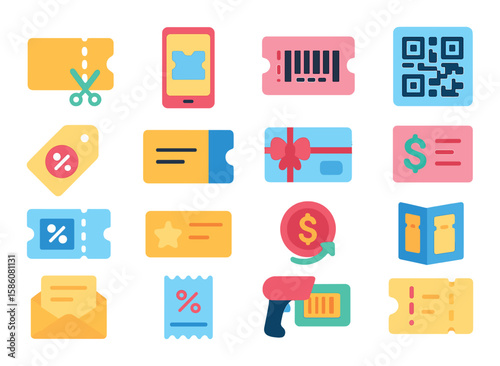 Coupon types and formats modern flat style. printable coupon, digital coupon, barcode coupon, QR code, discount tag, voucher, gift card, rebate form, promo code, loyalty