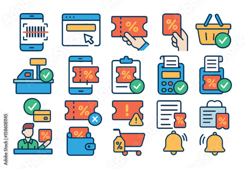 Coupon redemption process modern flat style. scanning barcode, entering promo code, showing coupon, applying discount, checkout counter, mobile phone scan, coupon