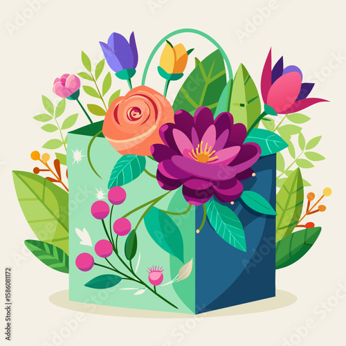 Colorful floral arrangement in a gift bag isolated on white background