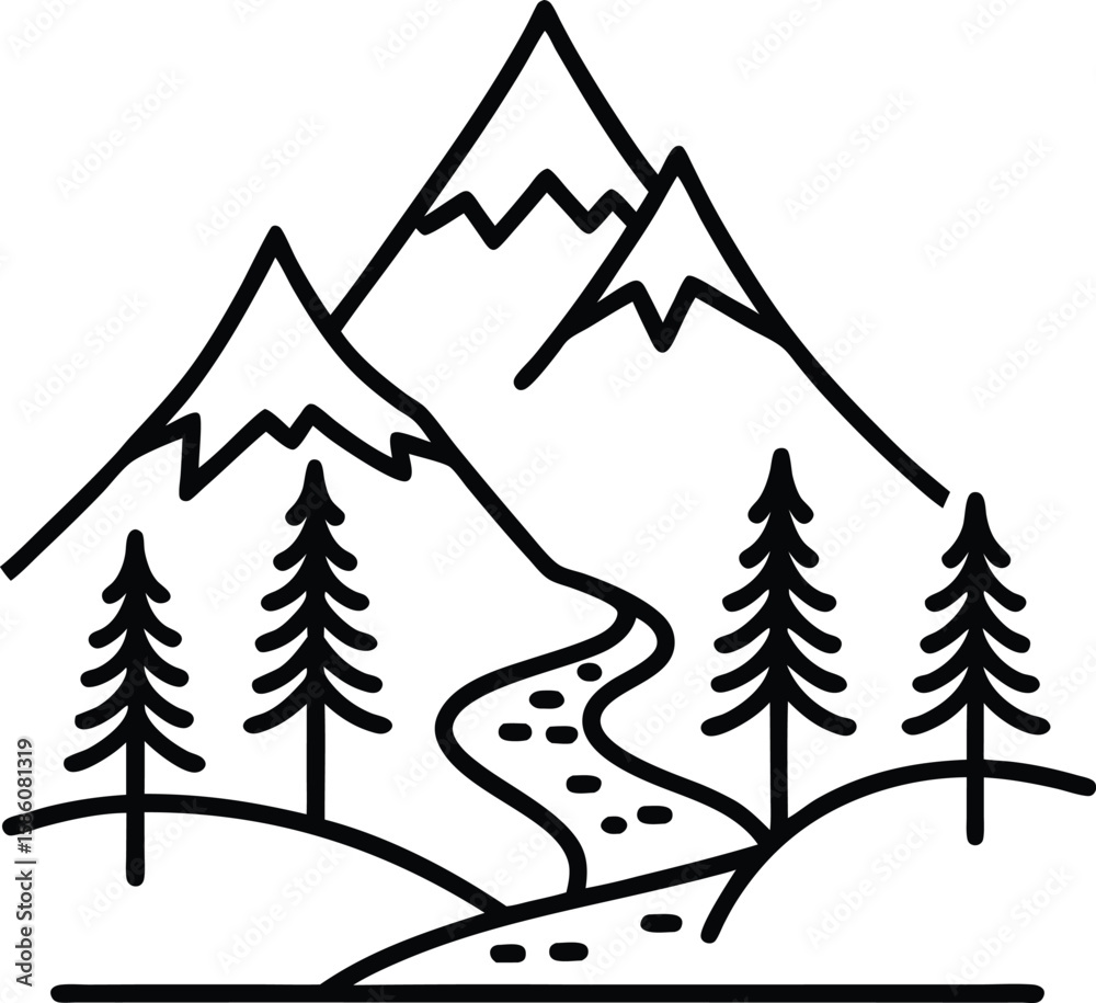 Obraz premium Vector art of a simple line art drawing of a mountain landscape with trees