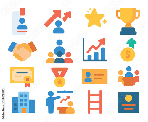 Employee and career ranking modern flat style. employee badge, promotion arrow, star review, office trophy, handshake deal, team leader, performance chart, salary