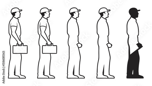 Five men in profile wearing caps and casual attire silhouettes