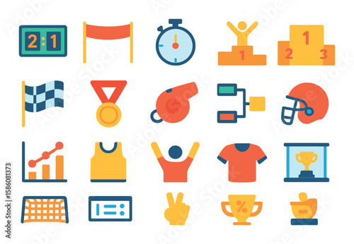 Sports ranking elements modern flat style. scoreboard, finish line, stopwatch, athlete podium, race flag, medal ribbon, referee whistle, record board, competition bracket