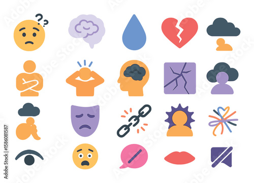 Mental and emotional weaknesses modern flat style. confused face, foggy brain, tear drop, broken heart, crossed arms, stressed figure, clouded thought, shattered mirror