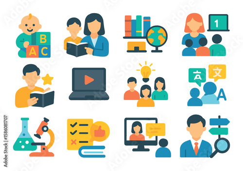 Educational advantages modern flat style. early learning, skilled teachers, resource availability, small class size, personalized study, technology access, collaborative