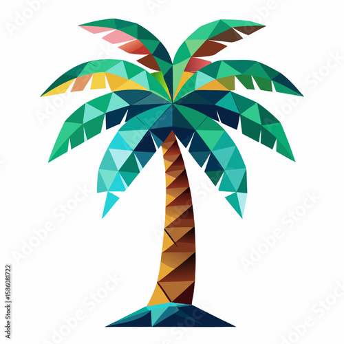 Colorful geometric palm tree with vibrant green leaves isolated on white background