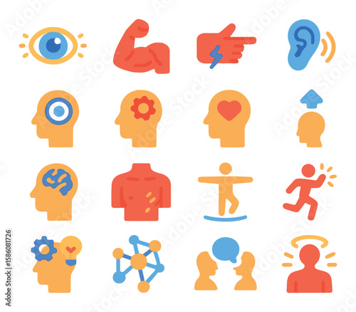 Physical and mental advantages modern flat style. sharp eyesight, strong muscles, fast reflexes, enhanced hearing, mental focus, quick thinking, emotional resilience