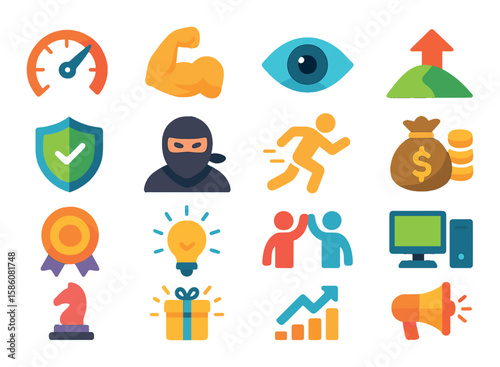Types of advantages modern flat style. speed boost, extra strength, better vision, higher ground, shield protection, stealth mode, increased stamina, resource abundance