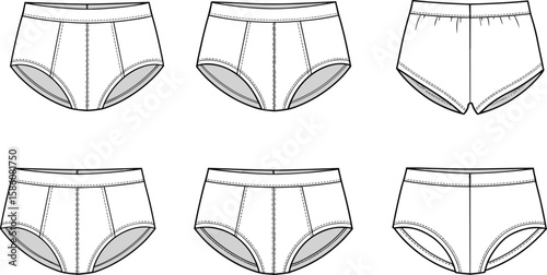 Men's underwear vector set, briefs and boxers, fashion design template, garment sketch, sewing pattern, apparel illustration, clothing layout, textile drawing