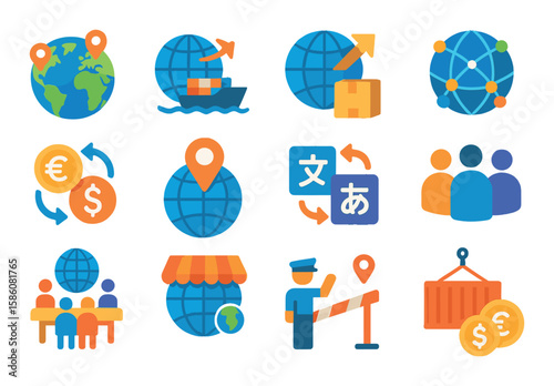 Market leader global presence modern flat style. world map with pins, international trade, export cargo, global network, currency exchange, localization icon, translation
