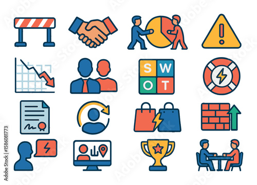 Market leader challenges and competition modern flat style. obstacle icon, rival handshake, market share fight, warning triangle, risk chart, competitor icon, SWOT