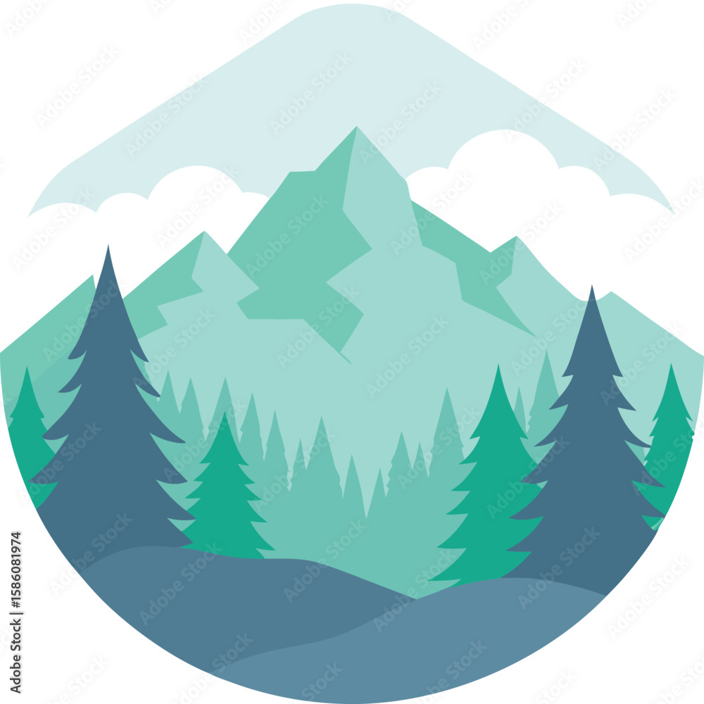 Fototapeta premium Vector art of a round landscape scene with mountains and forest in a minimalist style
