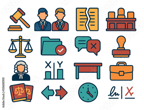 Legal adversaries modern flat style. court gavel, two lawyers, split document, courtroom bench, legal scale, evidence folder, argument speech bubble, document stamp