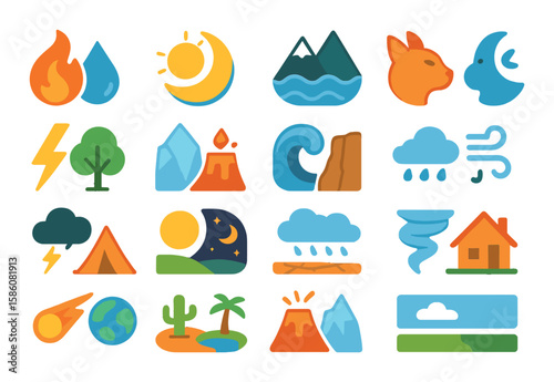 Opposing forces in nature modern flat style. fire vs water, sun vs moon, mountain vs sea, predator vs prey, lightning vs tree, ice vs lava, wave vs cliff, wind vs