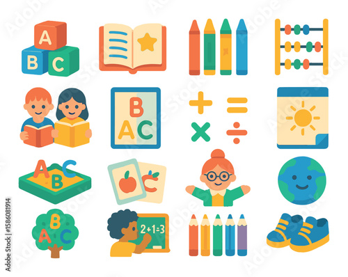 Childhood learning and knowledge modern flat style. alphabet blocks, storybook, crayons, counting beads, kids with books, ABC chart, math symbols, drawing pad, sandbox
