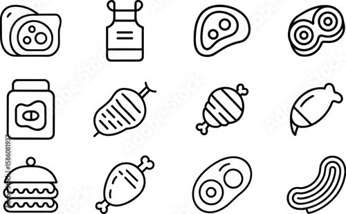 Meat product  icon set, Vector pictograms of  shashlik, carpaccio, patty, pie, ground beef, tartare, kebab,casserole,  vector illustration