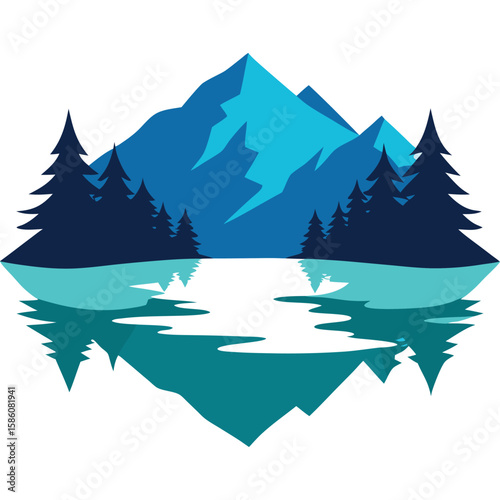Vector art of a picturesque mountain range is reflected in the still lake waters